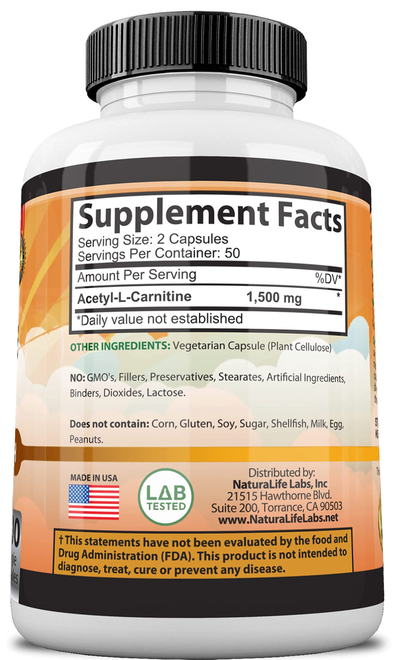 Acetyl L-Carnitine 1,500 mg High Potency Supports Natural Energy Production, Sports Nutrition, Supports Memory/Focus - 100 Veggie Capsules - BeesActive Australia