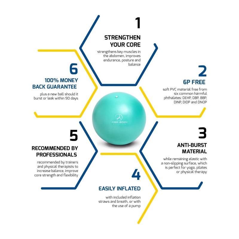 ProBody Pilates Mini Exercise Ball - 9 Inch Small Bender Ball for Stability, Barre, Pilates, Yoga, Balance, Core Training, Stretching and Physical Therapy with Workout Guide Aqua - BeesActive Australia