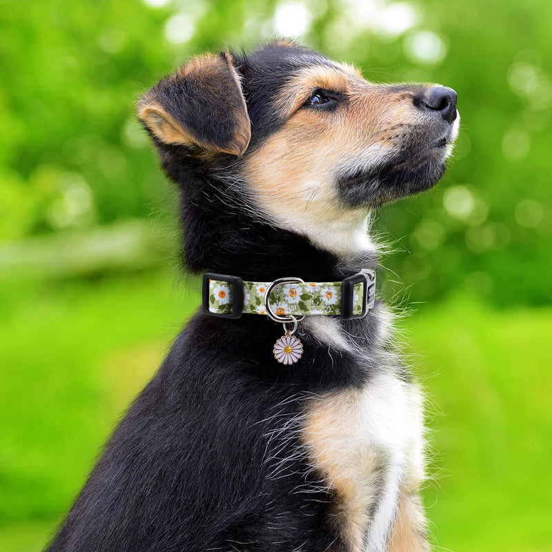 CHEDE Cotton Dog Collar for Small Medium Large Dogs,Girl Dog Collar with Quick-Release Buckle ,Flowers Soft Adjustable Pet Collar Green Daisy - BeesActive Australia