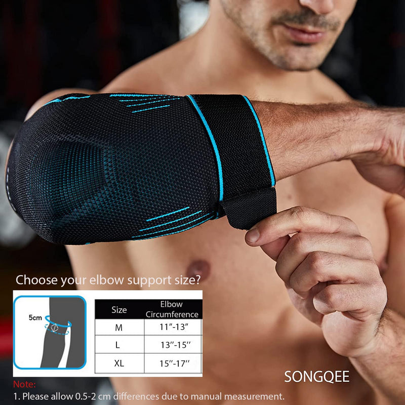 SONGQEE Elbow Support For Men, Elbow Tennis Support Strap Brace Compression Sleeves for Weightlifting, Gym, Sports Protection, Elbow Golfers Arm Support Pads for Pain Relief, Arthritis, Tendonitis L Blue - BeesActive Australia