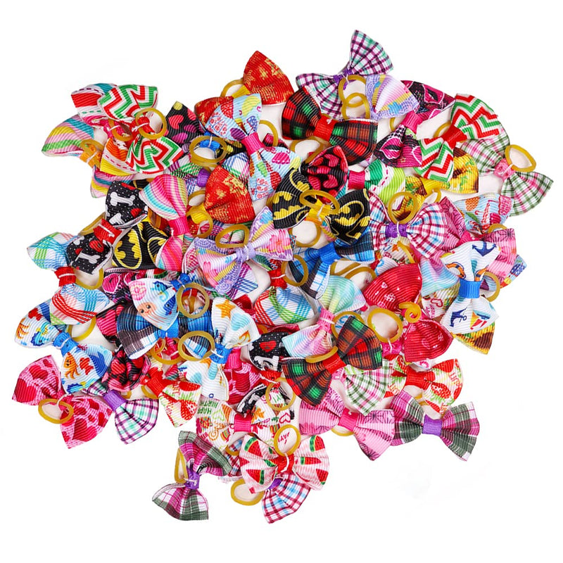 Mruq pet 100Pcs/50Pairs Dog Hair Bows, Cute Small Dog Hair Bows with Rubber Bands, Handmade Mini Dog Bows Ribbon Fabric, Pet Puppy Yorkie Dog Hair Bowknot Grooming Accessories Supplies A095-100pcs Small Dog Hair Bows - BeesActive Australia
