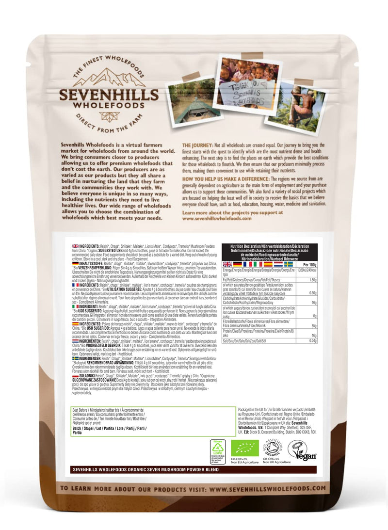 Sevenhills Wholefoods Organic 7 Mushroom Blend Powder 500g with Reishi, Chaga, Shiitake, Maitake, Lion's Mane, Cordyceps & Tremella 500 g (Pack of 1) - BeesActive Australia