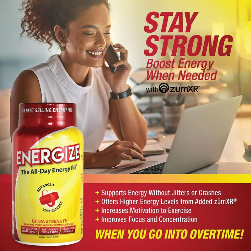 iSatori Energize Extra Strength Caffeine Pills - Fast Acting Long-Lasting Energy Pill - Extended-Release Caffeine - Improved Alertness and Clarity - All Day Energy, No Jitters, No Crash (60 Tablets) - BeesActive Australia