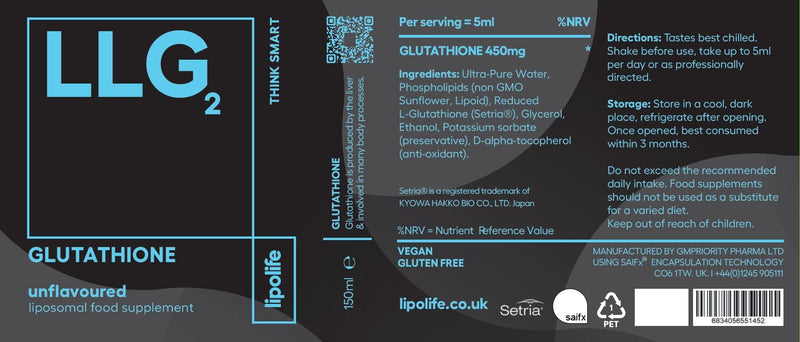 LLG2 liposomal Glutathione 150ml - lipolife. Formulated with Setria Glutathione - Advanced Nutrient delivery - BeesActive Australia