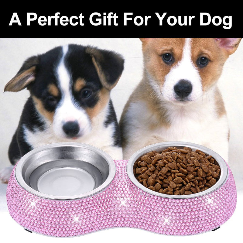 SAVORI Small Dog Bowls Pink, Handmade Bling Rhinestones Stainless Steel Pet Bowls Double Food Water Feeder for Puppy Cats Dogs Cats 320ml-Pink - BeesActive Australia