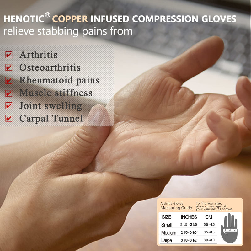 HENOTIC Copper Arthritis Gloves for Women Men, Fingerless Breathable & Moisture Wicking Arthritis Compression Gloves for Relieving Carpal Tunnel Aches, Rheumatoid Pains, Joint Swell Medium: 2 3/5''-3 1/8'' One Pair - BeesActive Australia