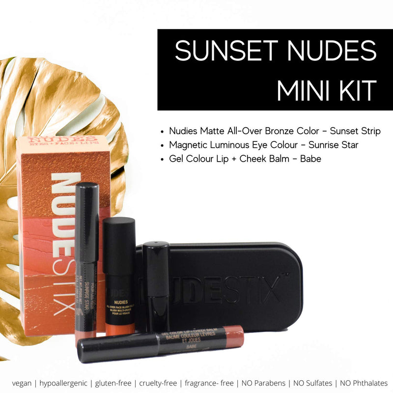 Nudestix Sunset Nudes Mini Kit - 3-Piece Beauty Makeup Set:: Nudies Matte Blush and Bronze, Magnetic Luminous Eye Color, Gel Color Lip Tint + Cheek Balm - BeesActive Australia