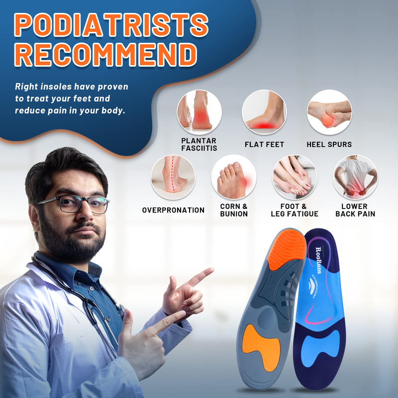 RooRuns Heavy Duty Arch Support Plantar Fasciitis Insoles for Men and Women, Orthotic Inserts Shoe Insoles for Flat Feet, Heel Spurs, High Arches, OverPronation, Metatarsalgia, Foot Pain Relief, L UK 9.5-11 (30cm) - BeesActive Australia