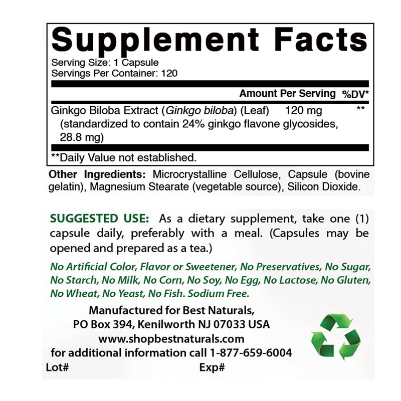 Best Naturals, Ginkgo Biloba Extract - Double Strength Ginkgo Biloba, 120mg, 120 Capsules (120 Count (Pack of 1)) 120 Count (Pack of 1) - BeesActive Australia