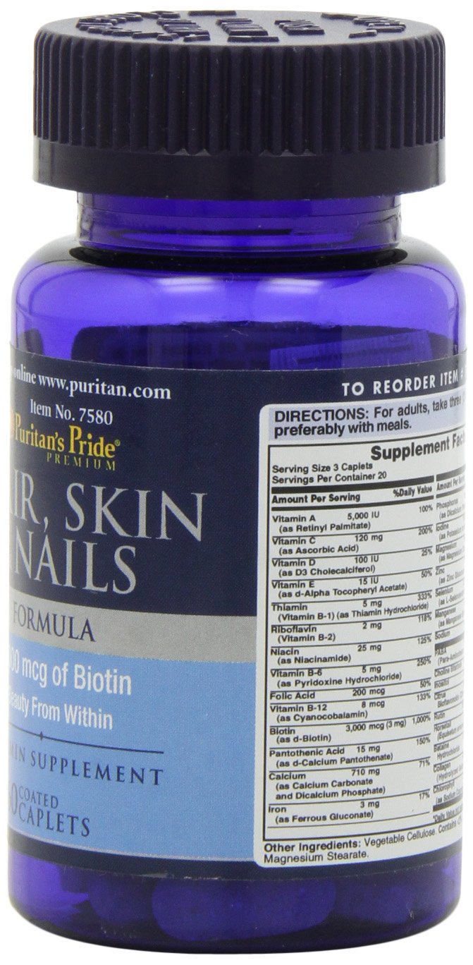 Puritan's Pride Hair Skin and Nails Biotin Formula Coated Caplets, 3000 Mcg, 60 Count - BeesActive Australia