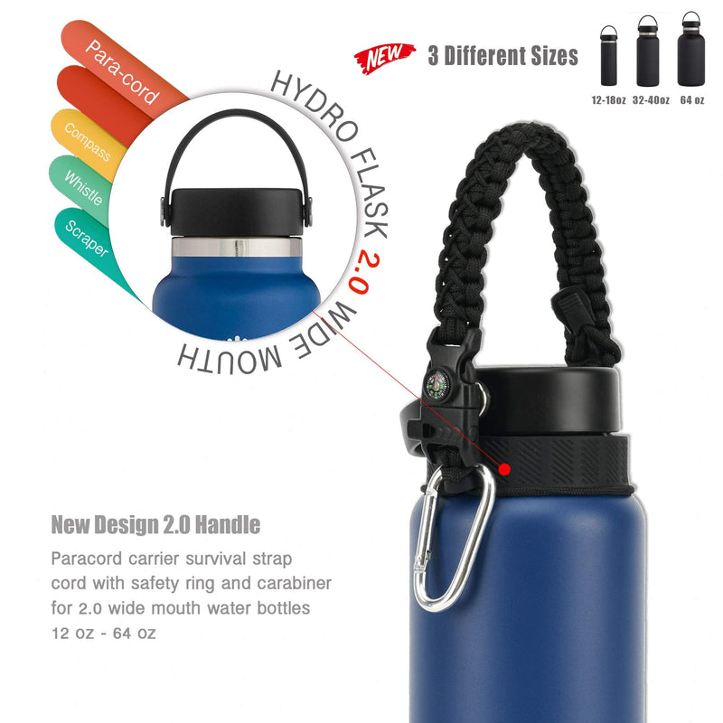 QeeCord 2.0 Paracord Handle for Hydroflask 2.0 Wide & Standard Mouth Water Bottles Strap Carrier with New Safety Ring Holder, 12oz - 64oz 12 oz-20 oz Wide Mouth Black - BeesActive Australia