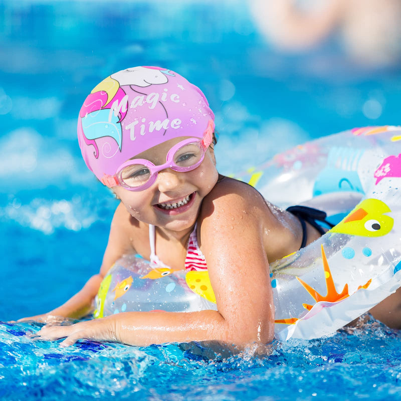Kids Swim Caps for Girls (Age 3-7), Durable Waterproof Silicone Swimming Cap for Short Hair with Swimming Goggles, Ear Plug and Nose Clip Purple - BeesActive Australia