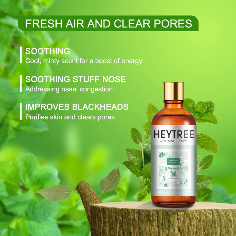 HEYTREE Peppermint Essential Oil 100ml- 100% Pure Natural Essential Oils Strong,Fresh Minty Scent Increases Clarity - Perfect for Aromatherapy,Diffuser, Clear Breathing-Strong Peppermint Oil 100 ml (Pack of 1) - BeesActive Australia