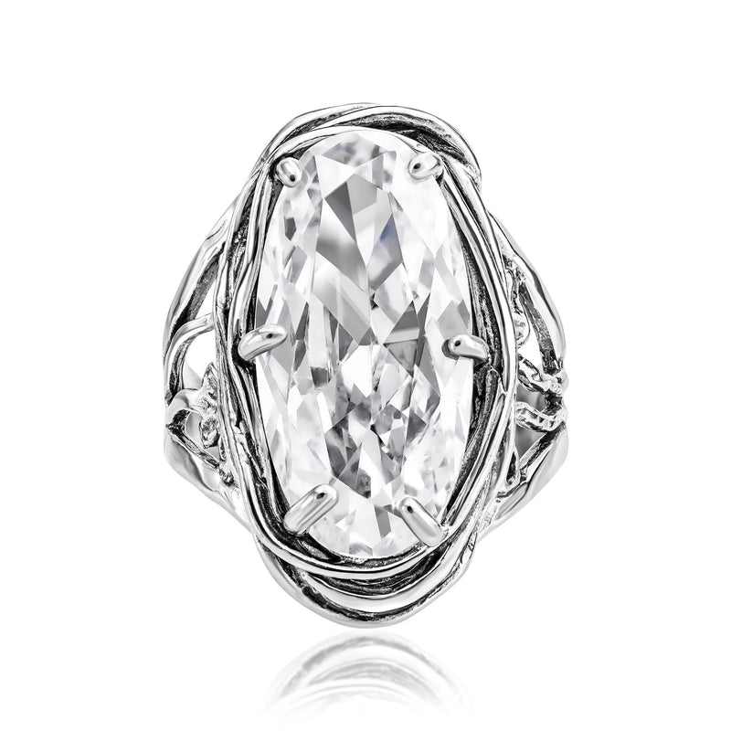 925 Sterling Silver Statement Ring With A White Oval Shaped Cubic Zirconia CZ Floral Vintage Antique Look Hypoallergenic, Nickel and Lead-free, Artisan Handcrafted Designer collection, Made In Isr 0 5 - BeesActive Australia