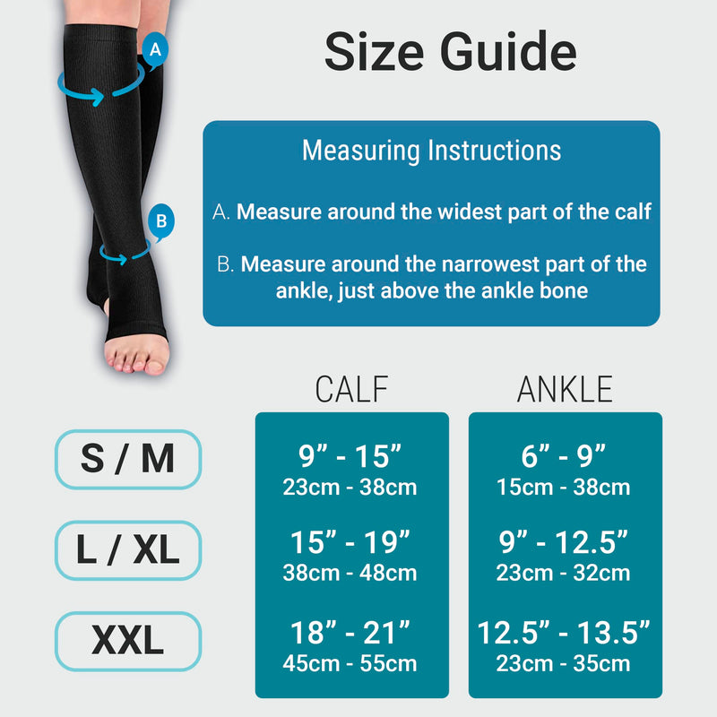 Leg & Foot Recovery Kit - 2 Pair Open Toe Medical Compression Socks for Women & Men (L/XL) with Laundry Bag & 1 x Foot Roller Massager - Flight or Running Socks - Pregnancy Recovery Varicose Veins Large / X Large - BeesActive Australia