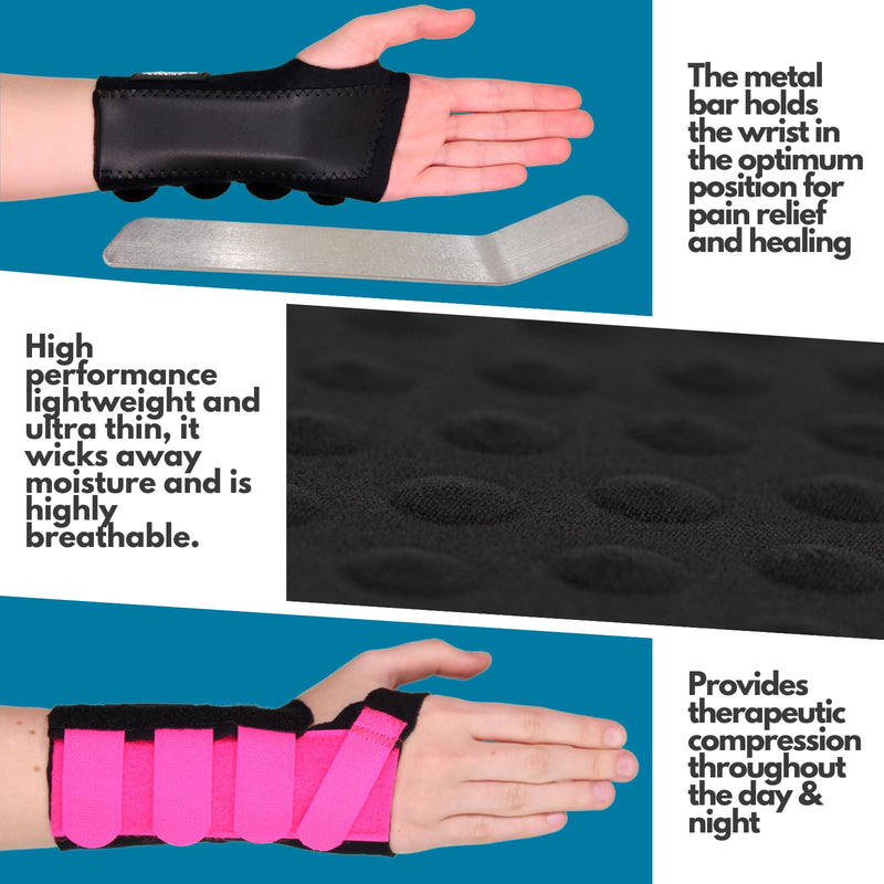 Solace Bracing Cool-Flow Wrist Support (6 Colours) - British Made & NHS Supplied Wrist Brace w/Metal Splint - #1 for Carpal Tunnel, Arthritis, Tendonitis, RSI, Fractures & More - Pink - S - Right Small - Right Hand - BeesActive Australia
