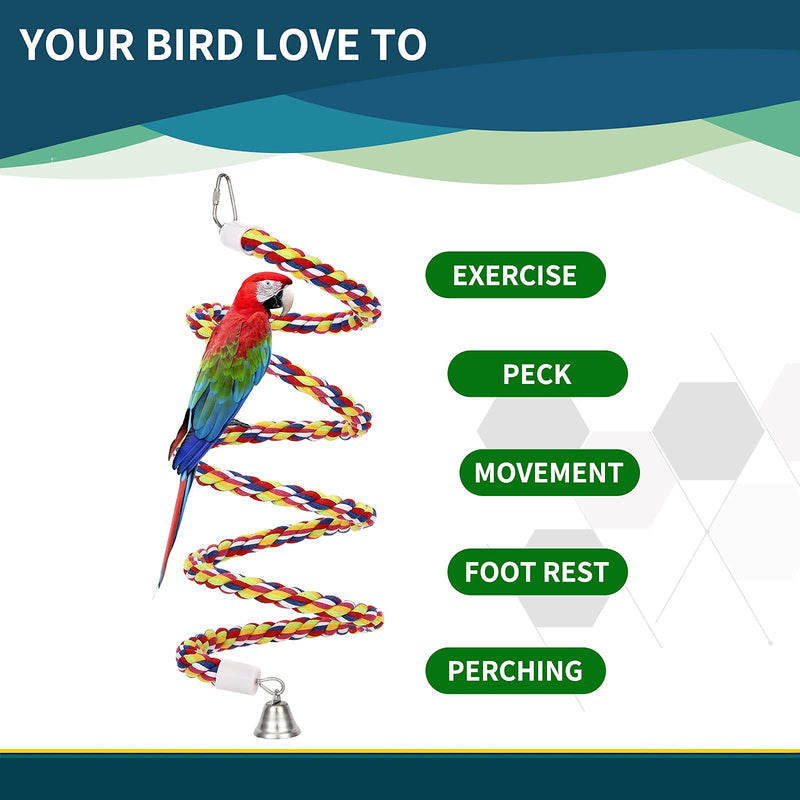 OSWINMART 2Pcs 63'Bird Rope Perches Birdcage Swing Toys 100% Cotton No Smell Peck/Chewing with Bell Climbing Standing Bungee Bird Toys for Small to Regular Size Parrot Cockatiel Birds 63'x2pcs - BeesActive Australia