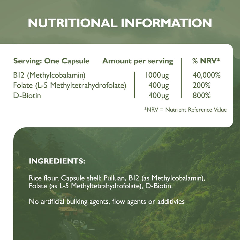 Barefoot Nutrition - B12 Complete, High Strength Supplement, Methylated B 12 (1000�g) - with Cofactors Methyl folate (400�g) & D-Biotin (400�g) - 60 x 1 A Day Vegan-Friendly Capsules - BeesActive Australia