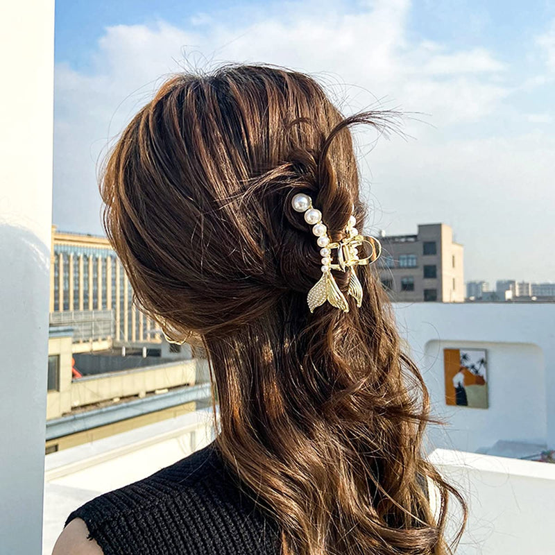 Hair Claw Clips for Women Large Pearl Jaw Clips Fashion Pearl Hair Clips Plastic Hair Catch for Thick or Fine Hair (2 Packs) 2 Packs - BeesActive Australia