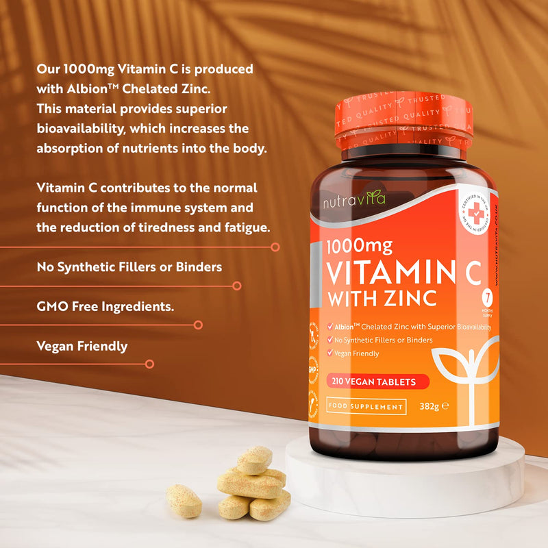 Vitamin C and Zinc Tablets - High Strength Vitamin C 1000mg with Albion� Zinc 15mg for better Absorption - 7 Month Supply - Vit C Zinc Supplements for Normal Immune System - 210 Vegan Tabs - Nutravita - BeesActive Australia