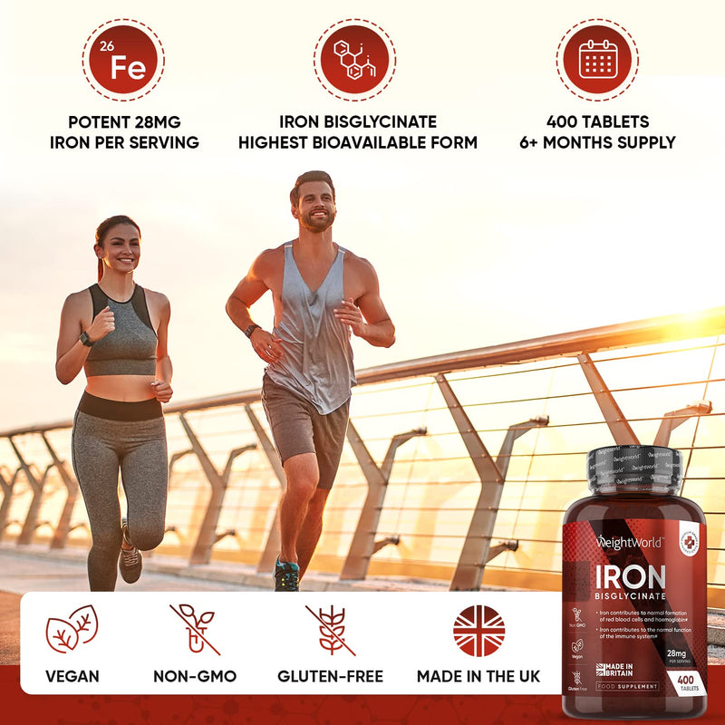 Gentle Iron Tablets High Strength 28mg - 400 Tablets (6+ Months Supply) - Vegan Iron Bisglycinate - Energy Tablets for Tiredness and Fatigue - High Absorption Iron Supplements for Women and Men - BeesActive Australia