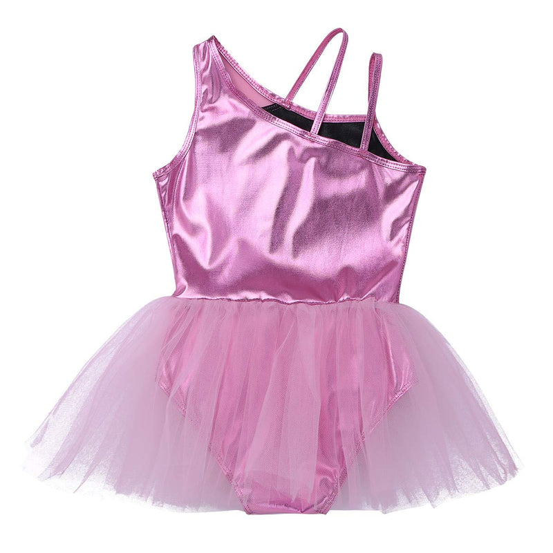 [AUSTRALIA] - dPois Kids Girls' Shiny Metallic One Shoulder Ballet Dance Leotard Tutu Dress Stage Performance Dancing Costumes Pink 10 