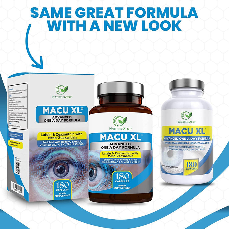 Macu XL - Lutein and Zeaxanthin Supplement - 6 Month Supply with Meso Zeaxanthin, Bilberry Extract, Vitamins A, B12 & Zinc, 180 Vegan Capsules - Eye Supplement for Vision Health � Packaging May Vary - BeesActive Australia