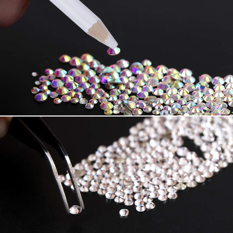 Elcoho 6 Sizes Crystals AB Nail Art Rhinestones and Clear Crystal Rhinestones with Pick Up Tweezer and Rhinestone Picker Dotting Pen, 1500 Pieces - BeesActive Australia