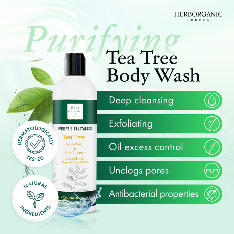 HerbOrganic Tea Tree Body Wash - 400ml - Anti-Bacterial and Anti-Fungal Body Wash - Vegan, Odor and Foot Cleansing Shower Gel - BeesActive Australia