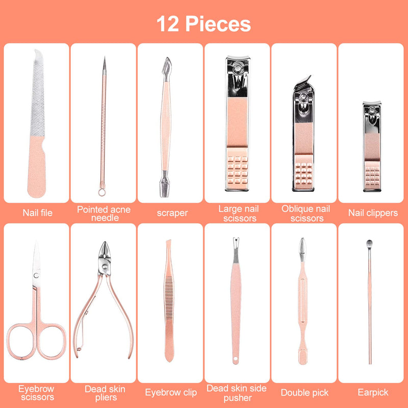 Podazz 12-Piece Manicure Set, Special Stainless Steel Nail Clippers for Women, Pedicure Tool, Suitable for Travel/Home and Household Portable-Rose Gold - BeesActive Australia