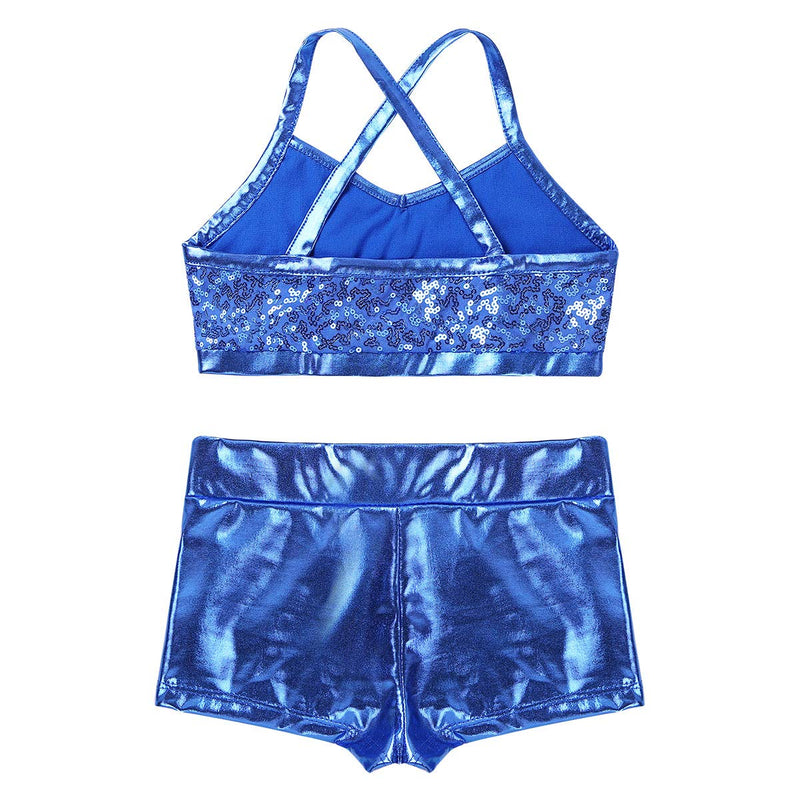[AUSTRALIA] - renvena Kids Girls Two Piece Sports Outfits Spaghetti Shoulder Straps Shiny Sequins Tops with Bottoms Set Light Blue 5-6 