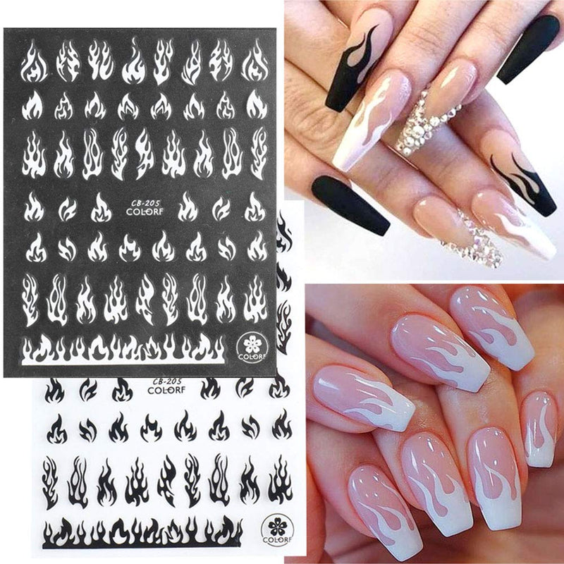 4 Sheets Flame Nail Art Stickers 3D Fire Flame Nail Decals Nail Art Supplies Adhesive Nail Foils White Black Silver Gold Flame Nail Sticker for Acrylic Nails Design Nail Vinyls Stencil Accessories - BeesActive Australia