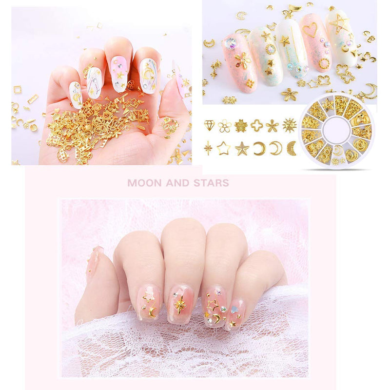 6 Boxes Metal Nail Studs 3D Nail Art Decorations Glitter 3d Nail Charms Design Gold Jewels Rivet Micro Caviar Beads Star Moon Heart Feather Nail Kit supply - BeesActive Australia