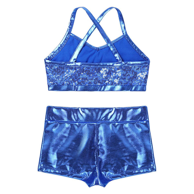 YOOJIA 2PCS Kids Girls Athletic Dance Outfits Shiny Sequins Ballet Dancewear Cami Training Bra Top with Gymnastic Shorts Light_blue 10-12 - BeesActive Australia