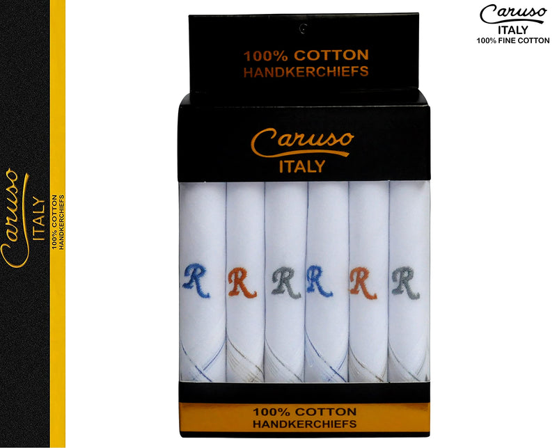 Caruso Italy Men's Initial Monogram Embroidery 100% Pure Cotton Handkerchief White Base With Colored Border - Pack Of 6 Ie-r - BeesActive Australia
