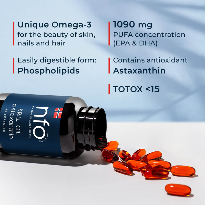 NFO Omega 3 Krill Oil Astaxanthin [60 Capsules] Antarctic Krill Oil with Norwegian Fish Oil and High Strength of EPA & DHA with Phospholipids & Astaxanthin Complex Original Premium Supplement - BeesActive Australia