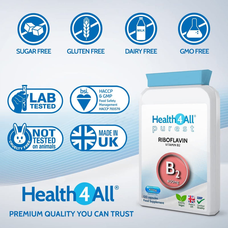 Health4All Vitamin B2 Riboflavin 400mg Migraine Support 120 Capsules (4 Months Supply) Vegan, no additives, High Strength Riboflavin Supplement - BeesActive Australia