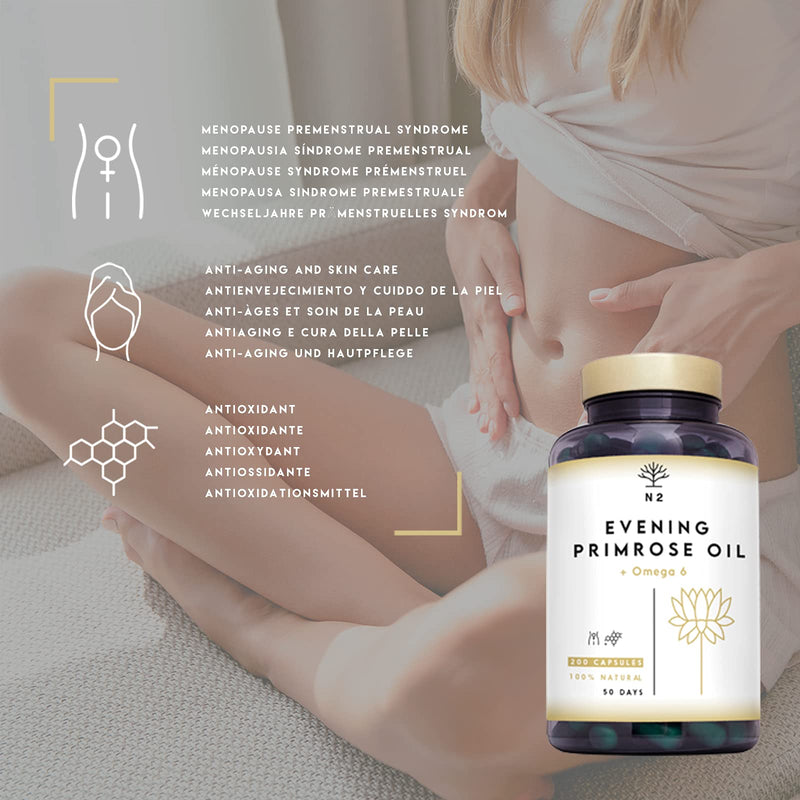 Evening Primrose Oil 2000 mg, 10% GLA. 200 Softgel Capsules with Vitamin E and Omega 6. High Strength, Easy Swallow, Cold Pressed. Menopause, Skin and Nails Care. Made in EU. N2 Natural Nutrition - BeesActive Australia