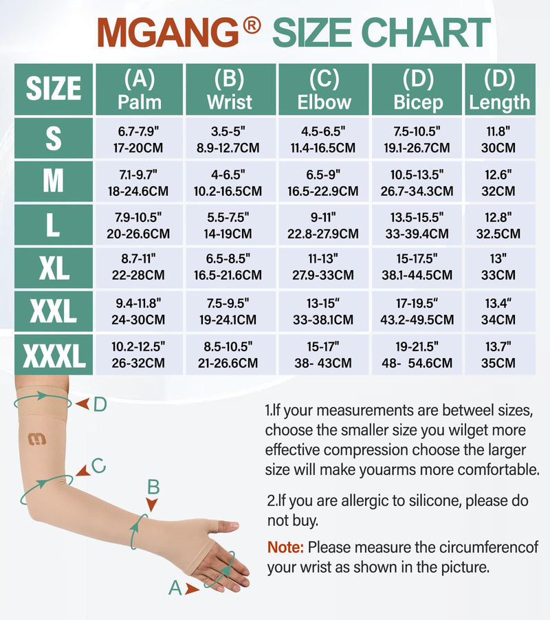 MGANG Lymphedema Compression Arm Sleeve with Gauntlet for Women Men, Opaque, 15-20 mmHg Medical Graduated Compression Full Arm Support, Thumb Lymph Edema Arm Sleeve, Pain Relief, Arthritis, Beige XL X-Large (Single) 15-20mmhg Beige - BeesActive Australia