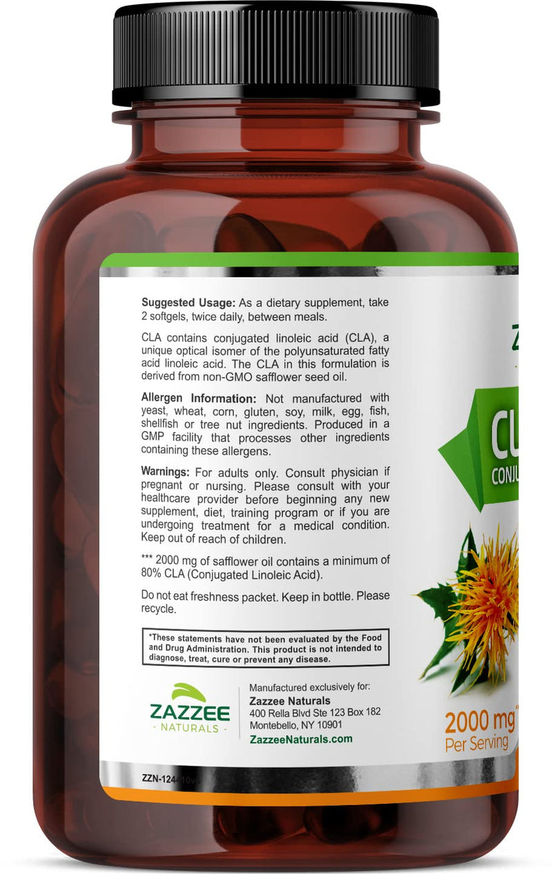 Zazzee Naturals CLA 2000, 180 Softgels, 2000 mg per Serving, Concentrated and Standardized High-Potency Conjugated Linoleic Acid, 60 Day Supply, Lab-Tested, Non-GMO and Made in The USA - BeesActive Australia