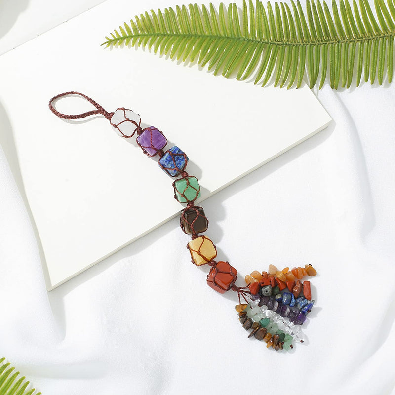 XIANNVXI 7 Chakra Healing Crystals Hanging Crystals Gemstones Decor Tumbled Stones Car Rearview Mirror Wall Hanging Reiki Crystal Gifts Seven Chakras - BeesActive Australia
