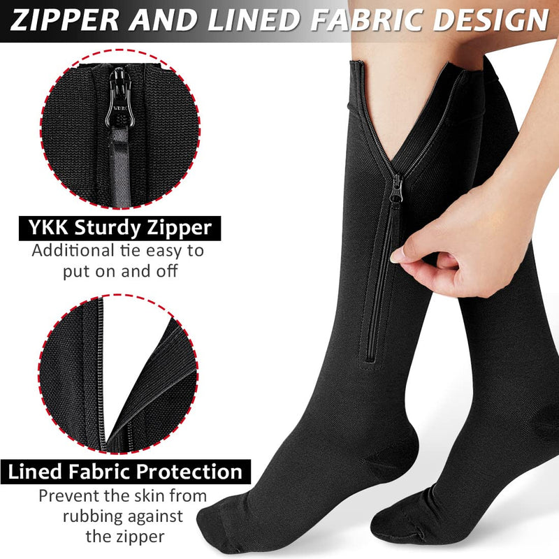 Ailaka Zipper Compression Socks for Men Women - 20-30 mmHg Close Toe Knee High Medical Compression Socks with Zipper, Zip Up Socks for Varicose Veins, Edema, Recovery, Pregnant, Nurse XX-Large (1 Pair) Black - BeesActive Australia