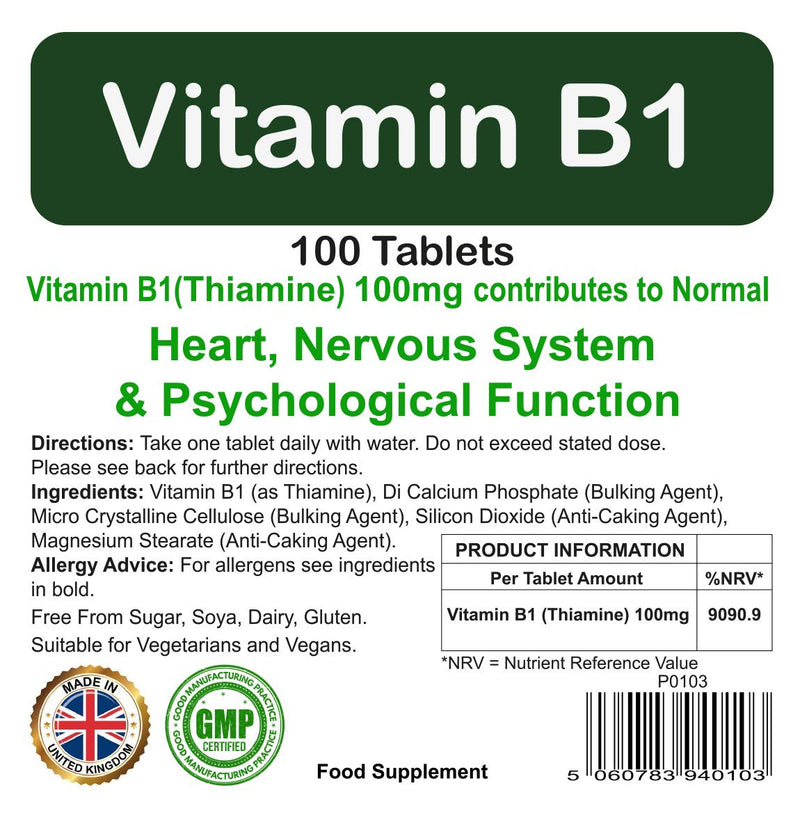 Vitamin B1 Thiamine 100mg Tablets 100 Pack by ProAid | Heart Health, Nervous System Support, Immune Health| Made in UK | Premium Tablets - BeesActive Australia