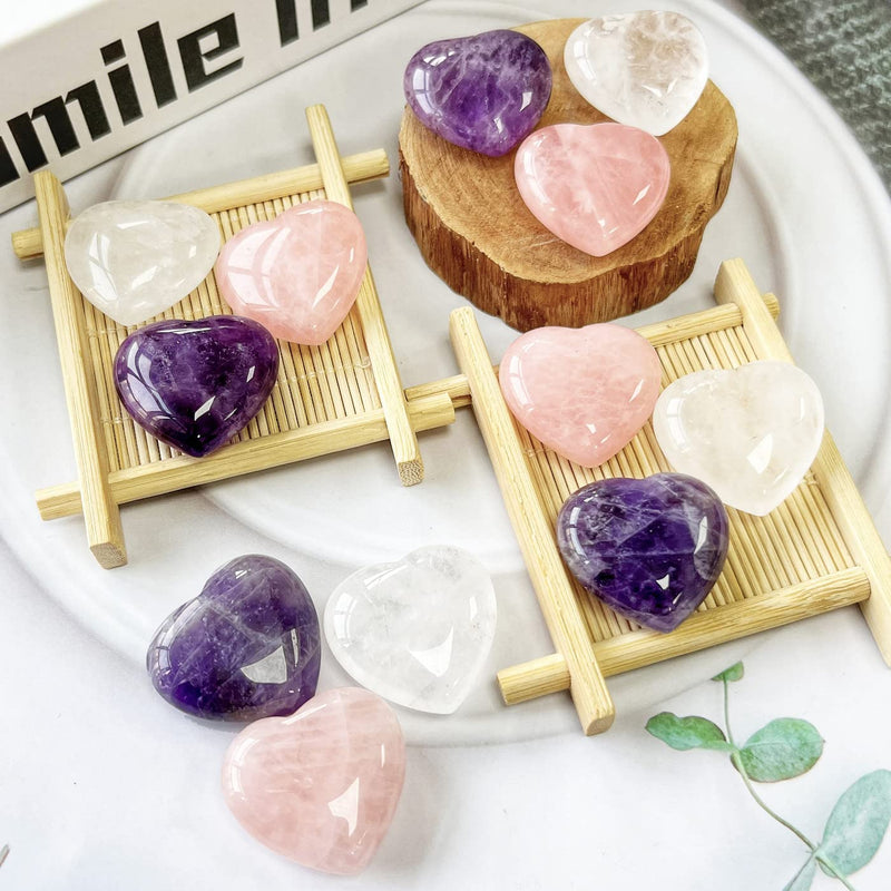 XIANNVXI 3Pcs Amethyst Rose Quartz Clear Quartz 30mm Natural Healing Crystal Heart Stones Set Polished Love Palm Pocket Gemstones for Chakra Reiki Lover Mothers Day Gifts A - Amethyst,rose Quartz,clear Quartz - BeesActive Australia