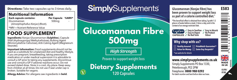 Glucomannan Capsules 500mg | Popular Appetite Suppressant Supplement for Weight Loss | Vegan & Vegetarian Friendly | 120 Capsules | Vegetarian Safe | Manufactured in The UK - BeesActive Australia