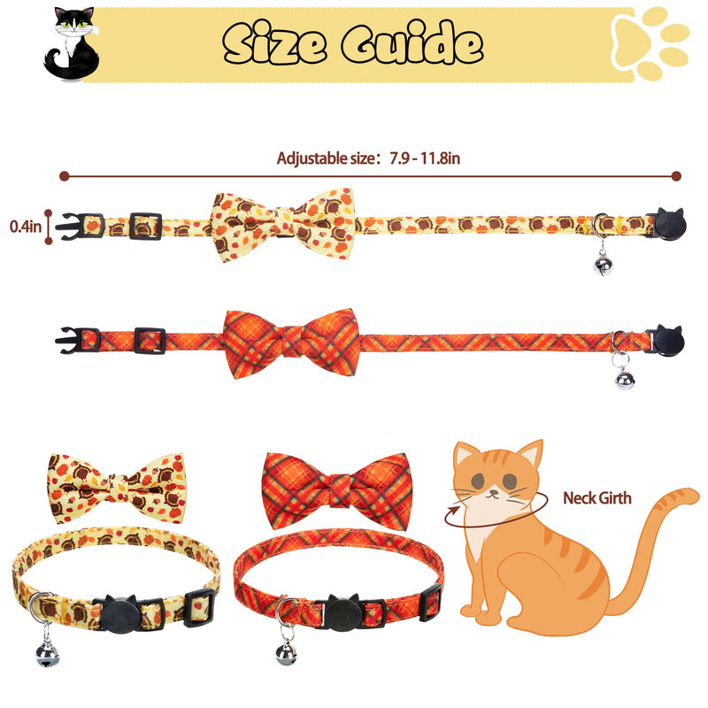 Thanksgiving Breakaway Cat Bowtie Collar with Bell Turkey Printing Plaid Cute Fall Kitten Accessories for Cat Puppy, Pack of 2 Turkey & Plaid - BeesActive Australia