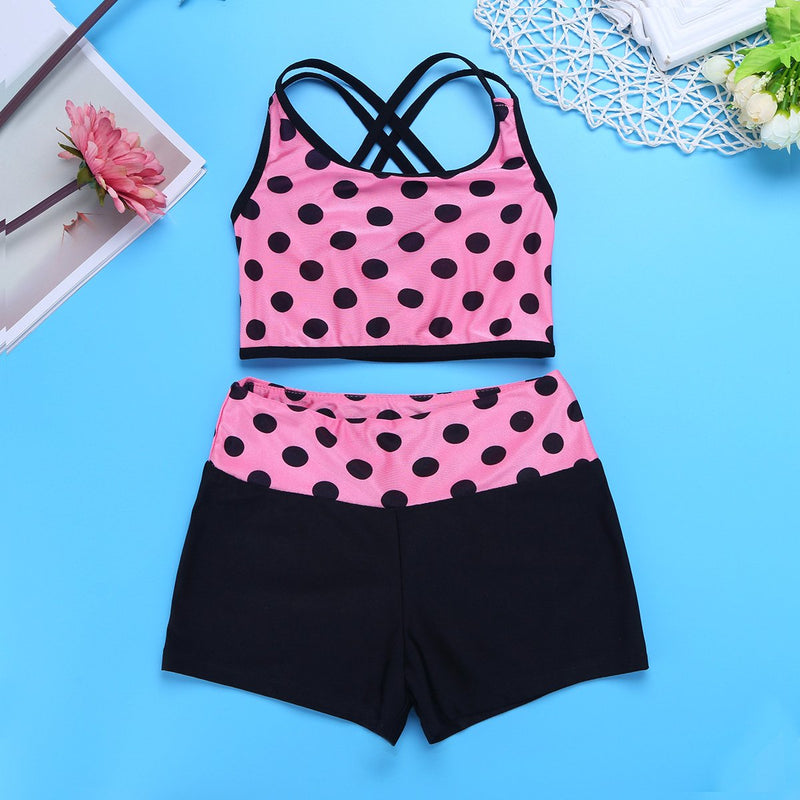 [AUSTRALIA] - moily Big Girls Polka Dot 2 Pcs Athletic Outfit Criss Cross Crop Top with Booty Shorts Dancewear Siwmsuit Hot Pink 12 