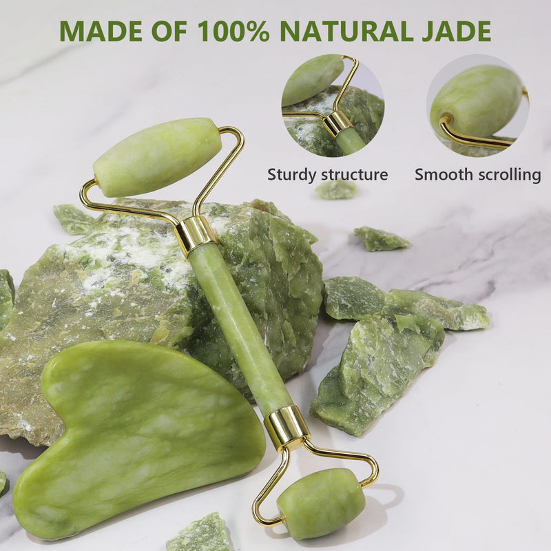 GUGUG Gua Sha and Jade Roller Set, Gua Sha Stone, Face Roller Massage Tool for Skin Care Routine, Guasha Tool for Face, Neck and Body Muscle Green - BeesActive Australia