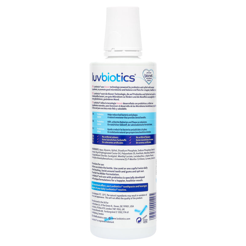 LUVBIOTICS Fluoride Free Mouthwash with Oral probiotics & xylitol. Promotes Good Bacteria for Fresh Breath, Healthy Gums & Teeth. Free from Alcohol, SLS, Parabens - 500ml - BeesActive Australia