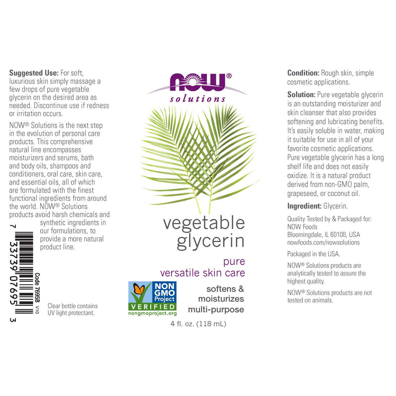 NOW Solutions, Vegetable Glycerin, 100% Pure, Versatile Skin Care, Softening and Moisturizing, 4-Ounce - BeesActive Australia